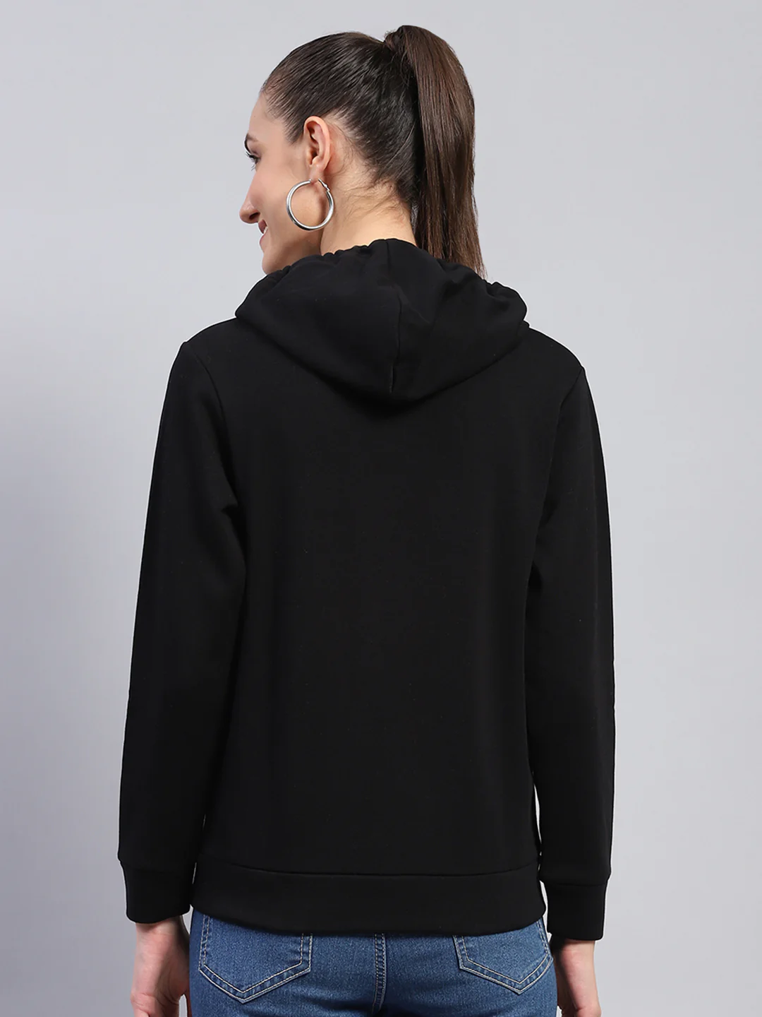 Women Black Solid Hooded Full Sleeve Sweatshirt - Image 5