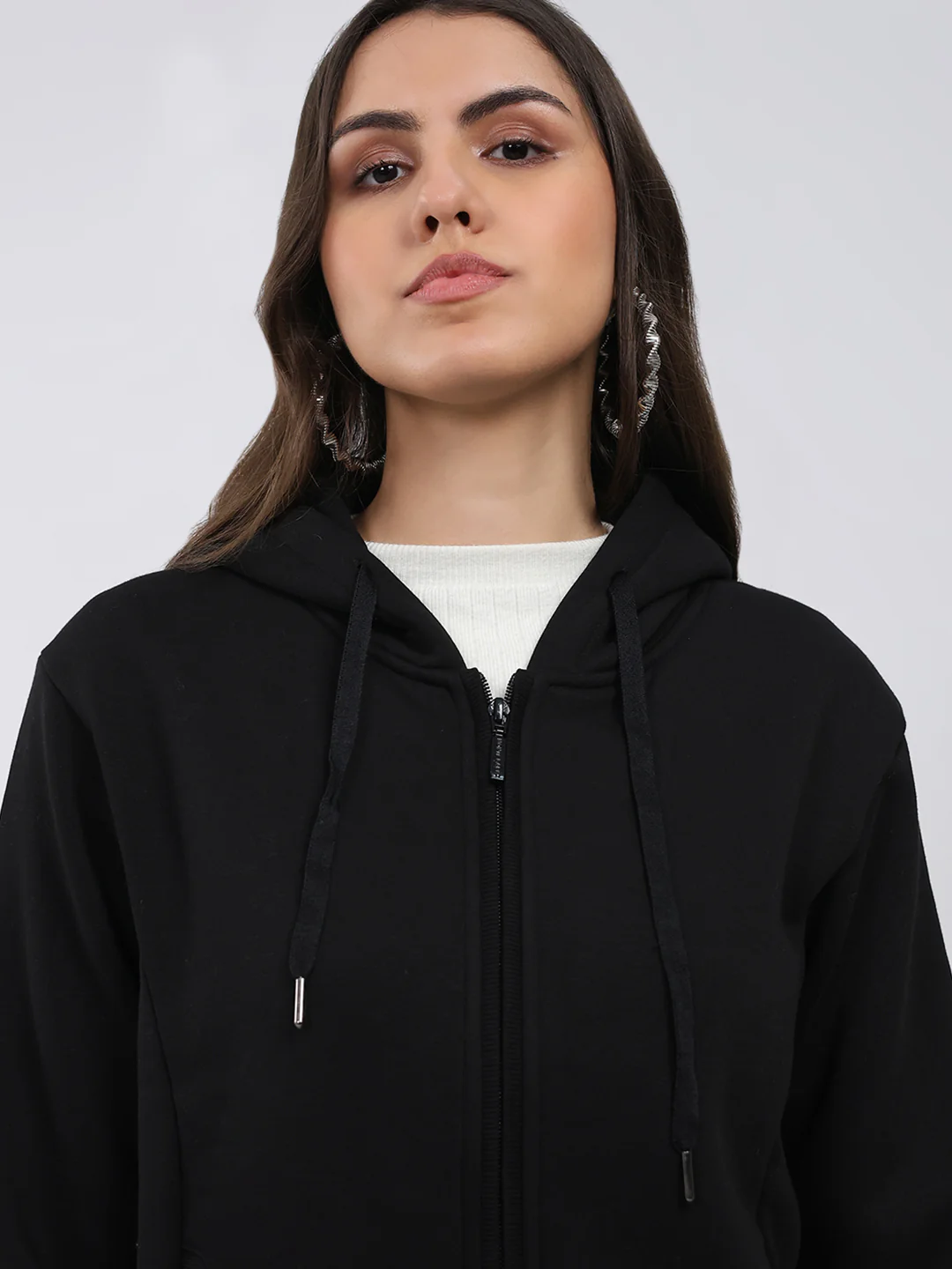 Women Black Solid Hooded Full Sleeve Sweatshirt - Image 6