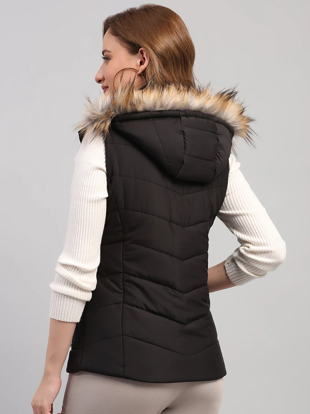Women Black Solid Hooded Sleeveless Jacket - Image 5