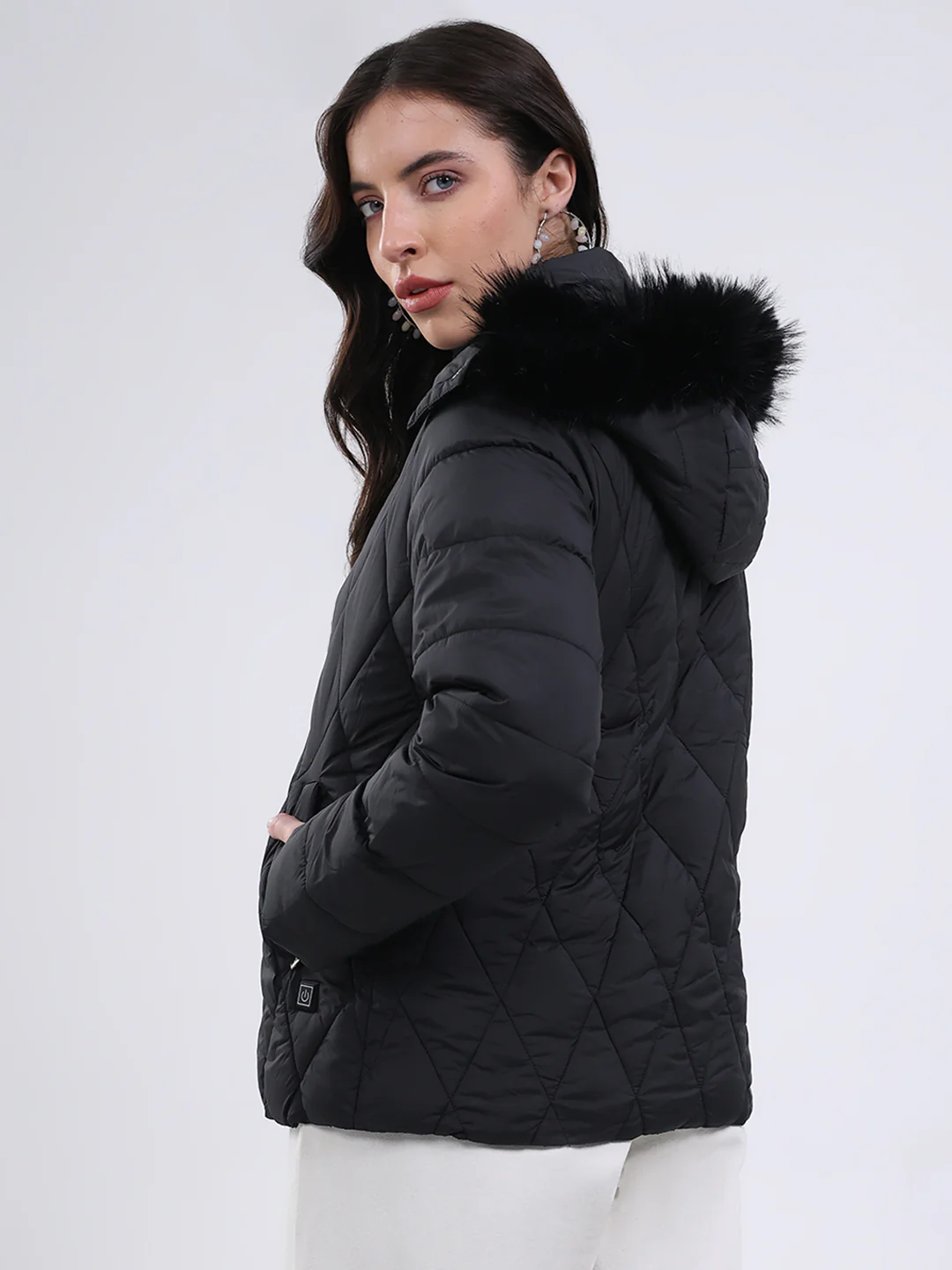 Women Black Solid Hooded USB Intelligent Heating Jacket - Image 5