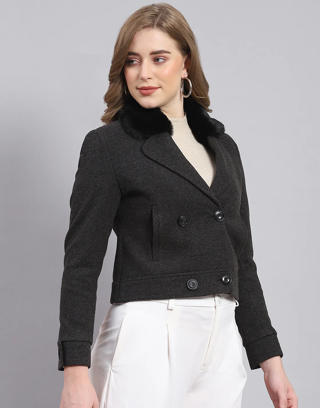 Women Black Solid Lapel Collar Full Sleeve Coat - Image 5
