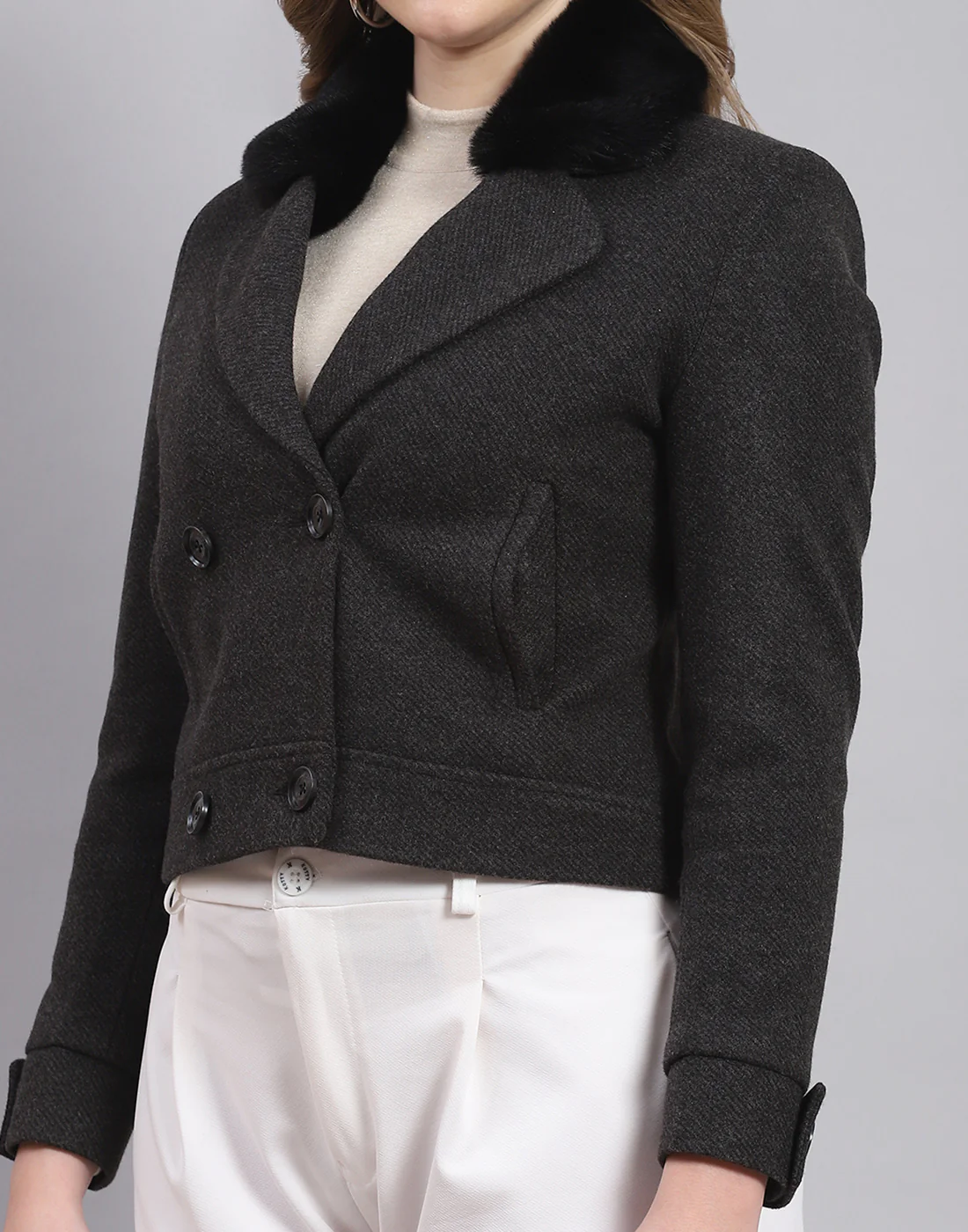 Women Black Solid Lapel Collar Full Sleeve Coat - Image 7