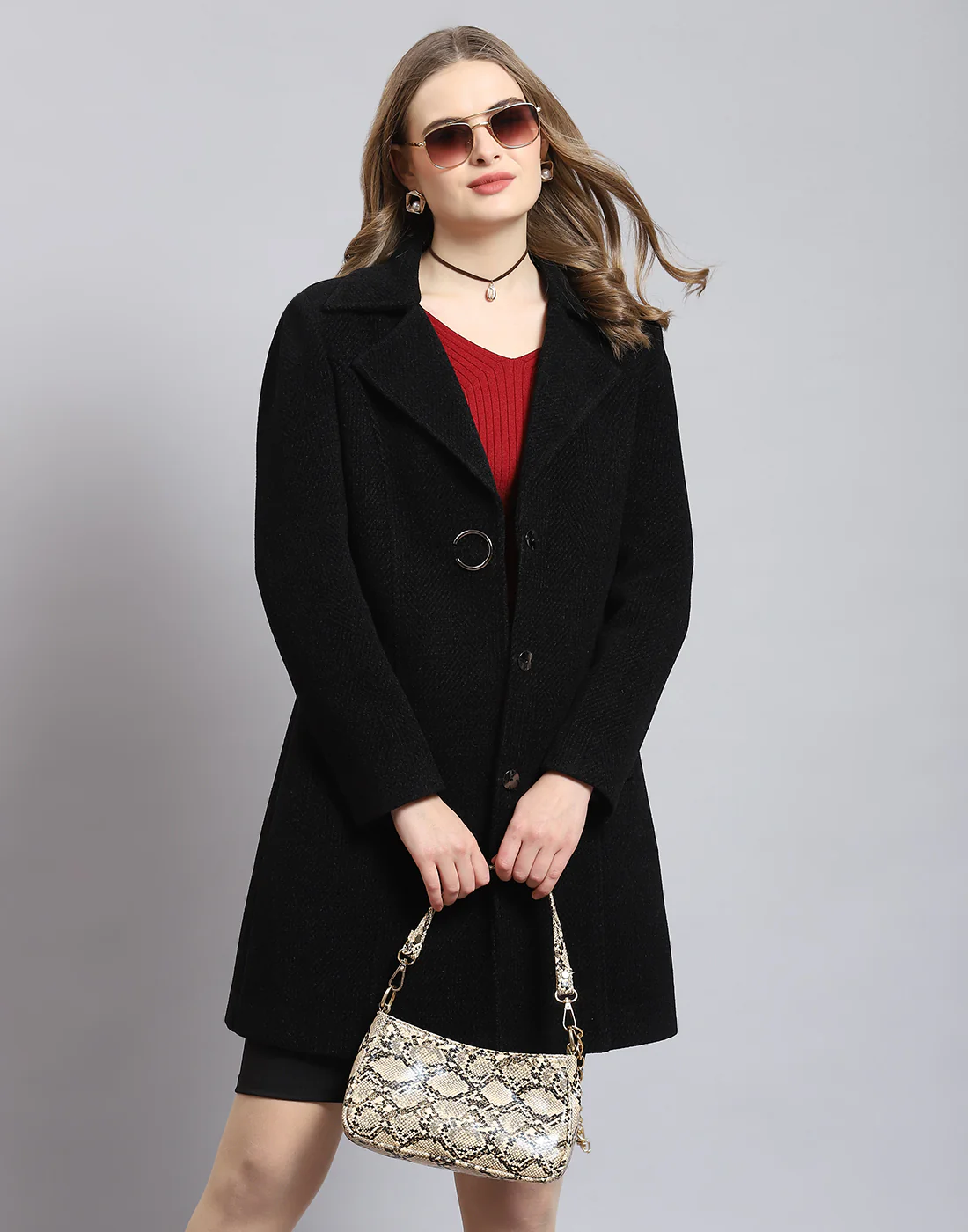 Women Black Solid Lapel Collar Full Sleeve Coat - Image 6