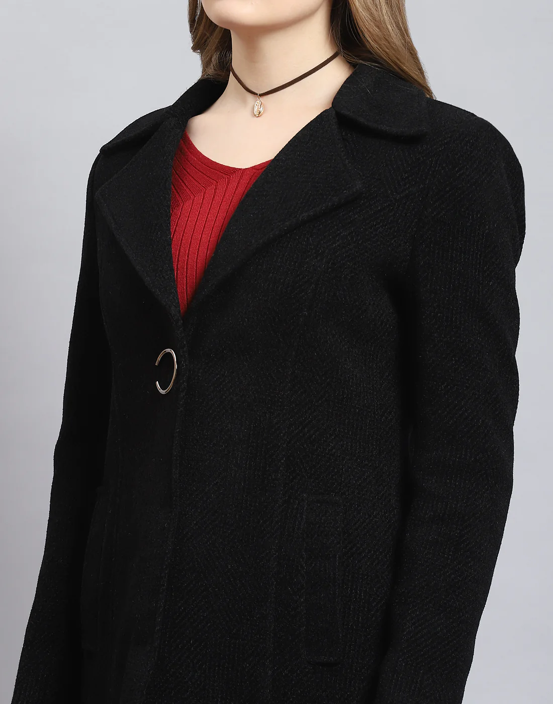Women Black Solid Lapel Collar Full Sleeve Coat - Image 7