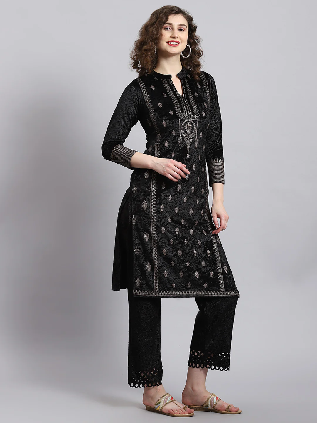 Women Black Solid Mandarin Collar Full Sleeve Kurtis Set - Image 3