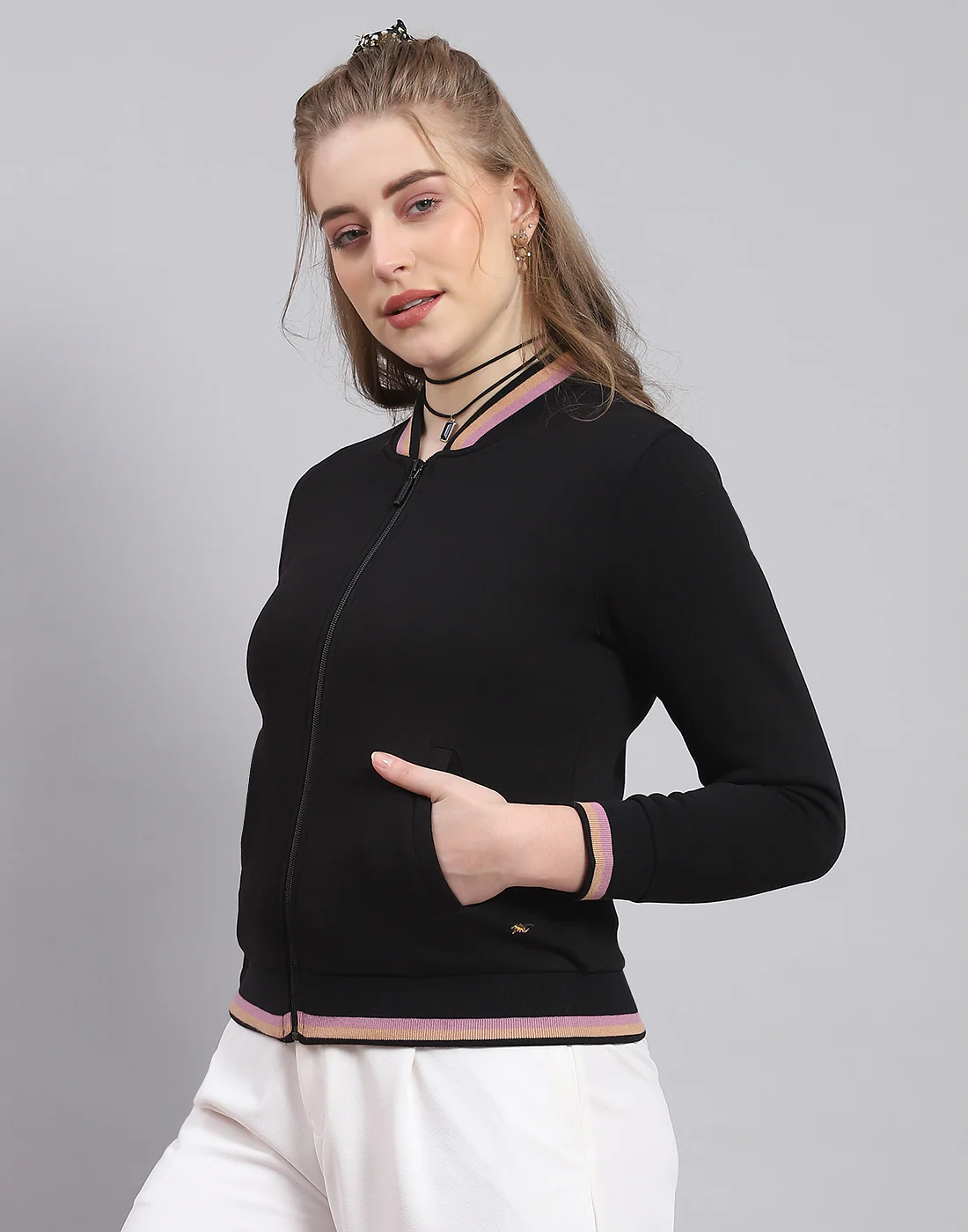 Women Black Solid Mandarin Collar Full Sleeve Sweatshirt - Image 4