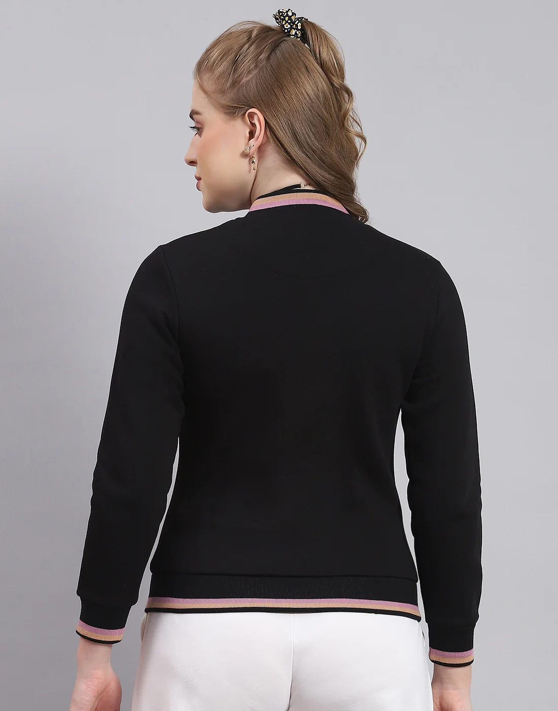 Women Black Solid Mandarin Collar Full Sleeve Sweatshirt - Image 6