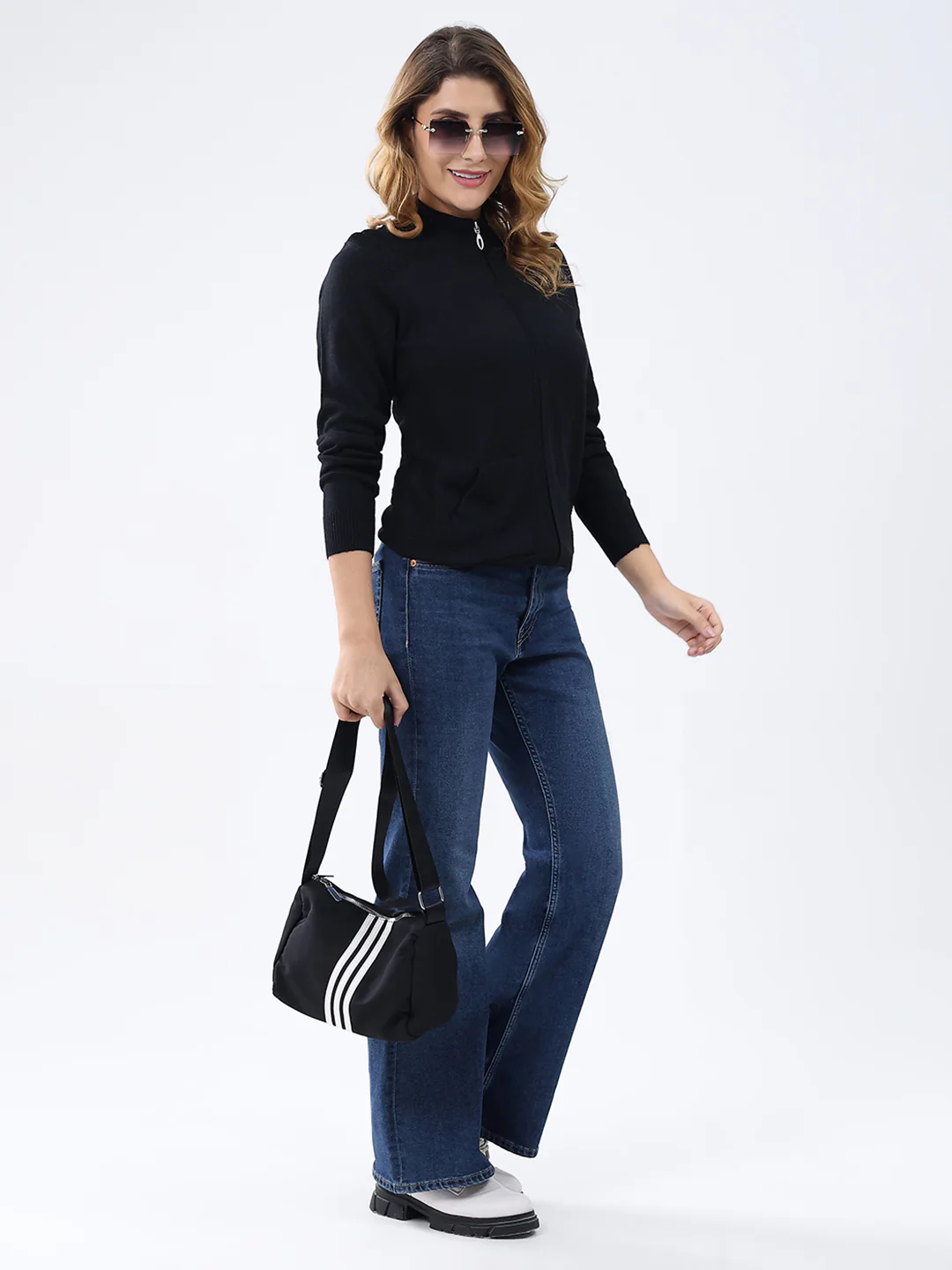 Women Black Solid Mock Neck Full Sleeve Cardigan - Image 2