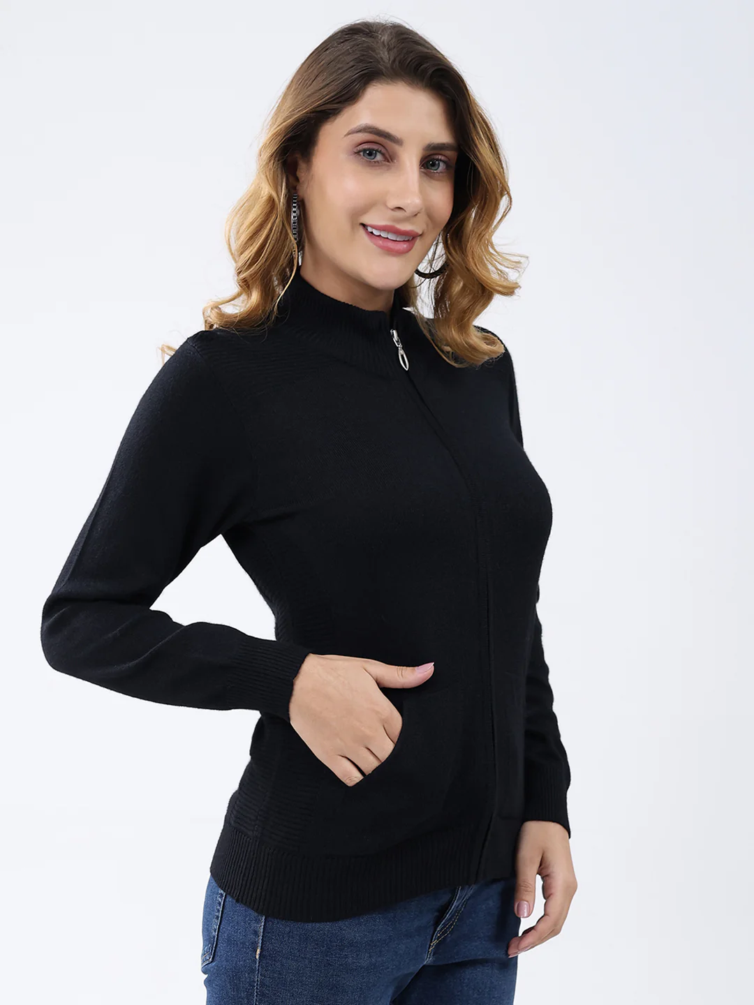 Women Black Solid Mock Neck Full Sleeve Cardigan - Image 3