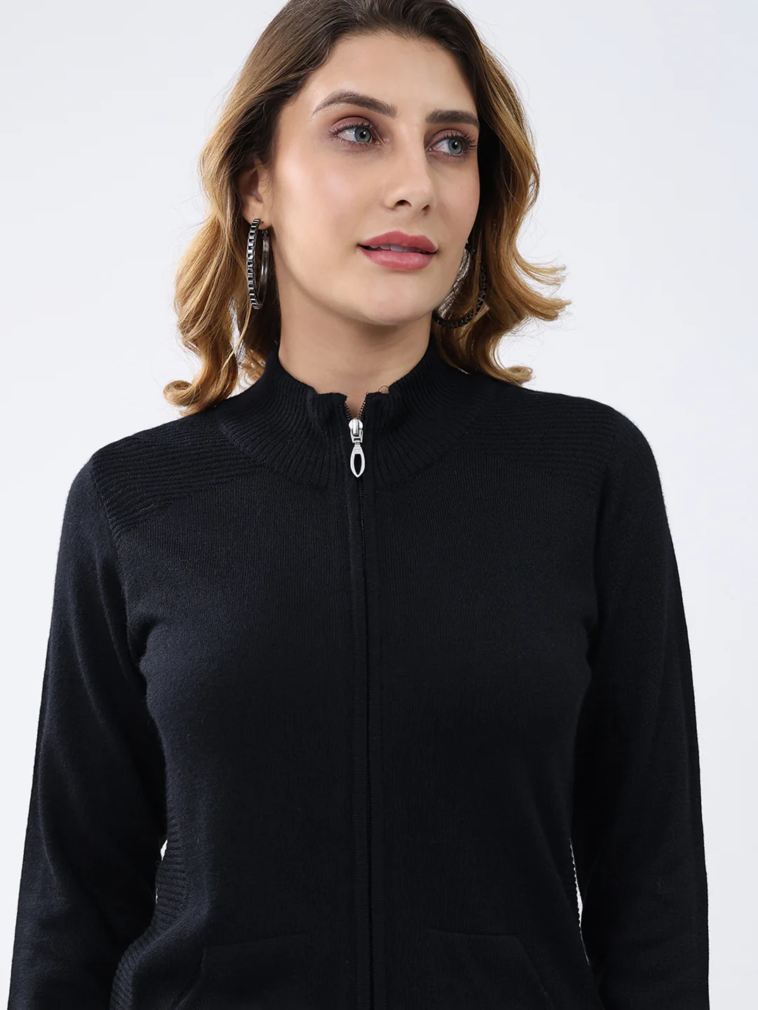 Women Black Solid Mock Neck Full Sleeve Cardigan - Image 6