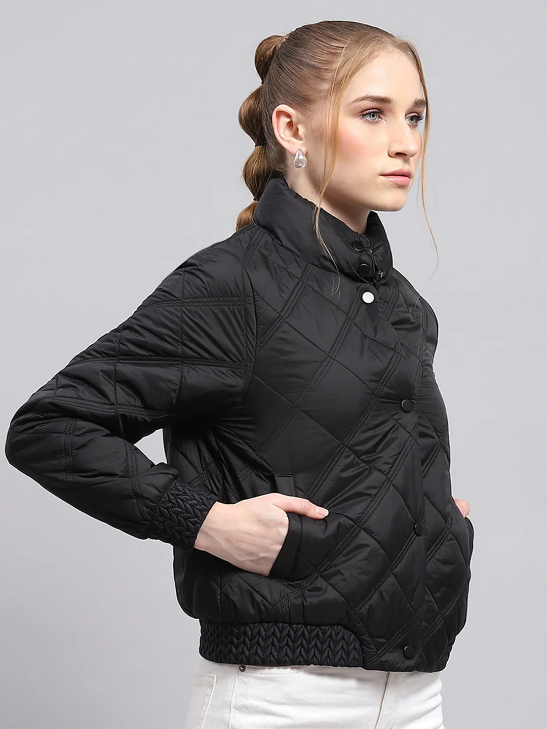 Women Black Solid Mock Neck Full Sleeve Jacket - Image 4