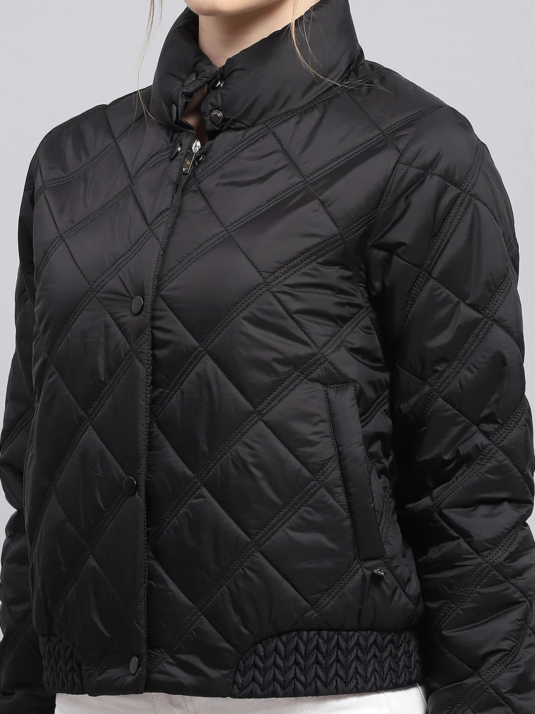 Women Black Solid Mock Neck Full Sleeve Jacket - Image 6