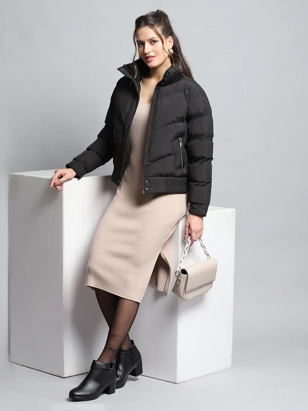 Women Black Solid Mock Neck Full Sleeve Jacket - Image 2