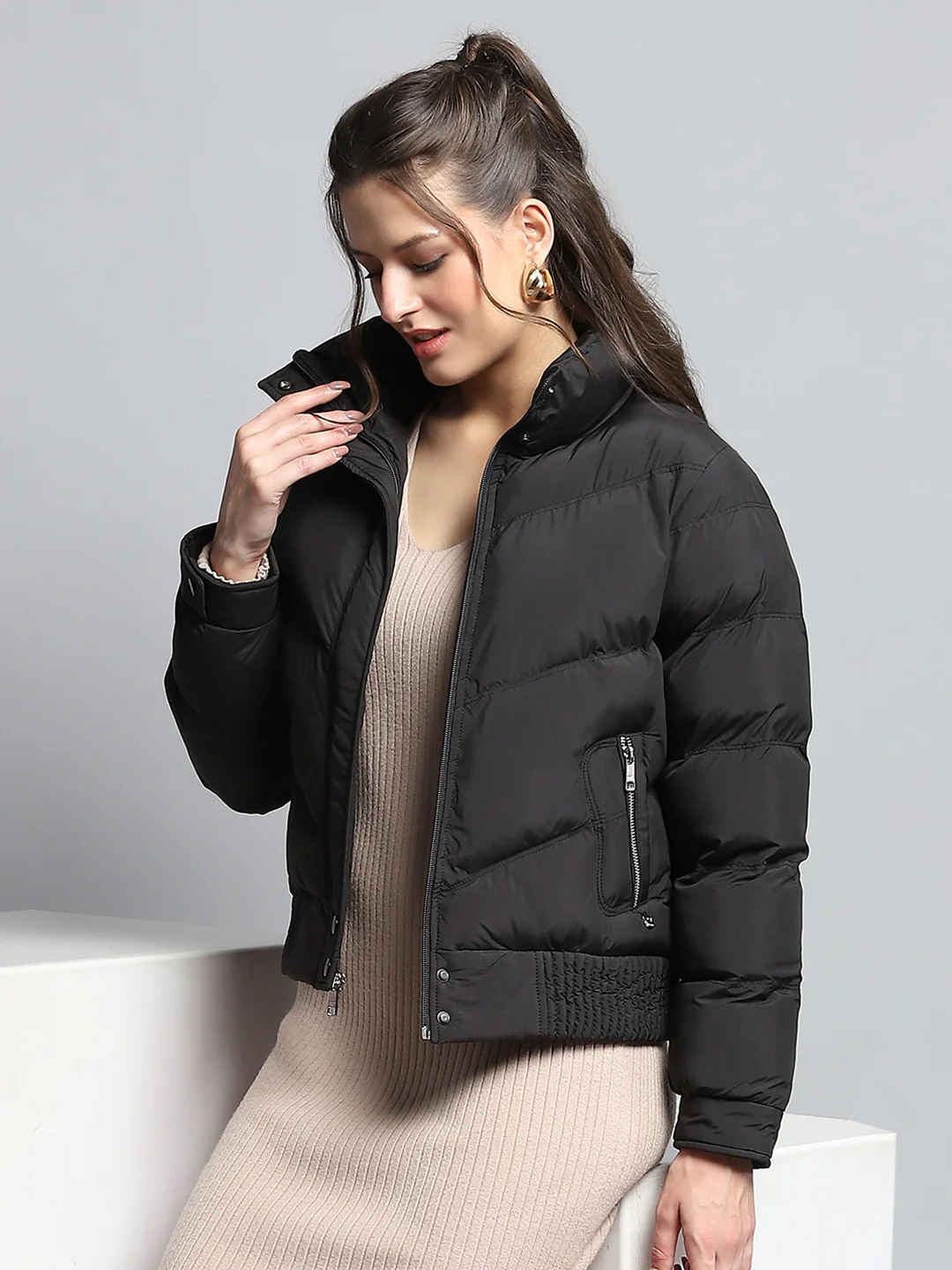 Women Black Solid Mock Neck Full Sleeve Jacket - Image 6