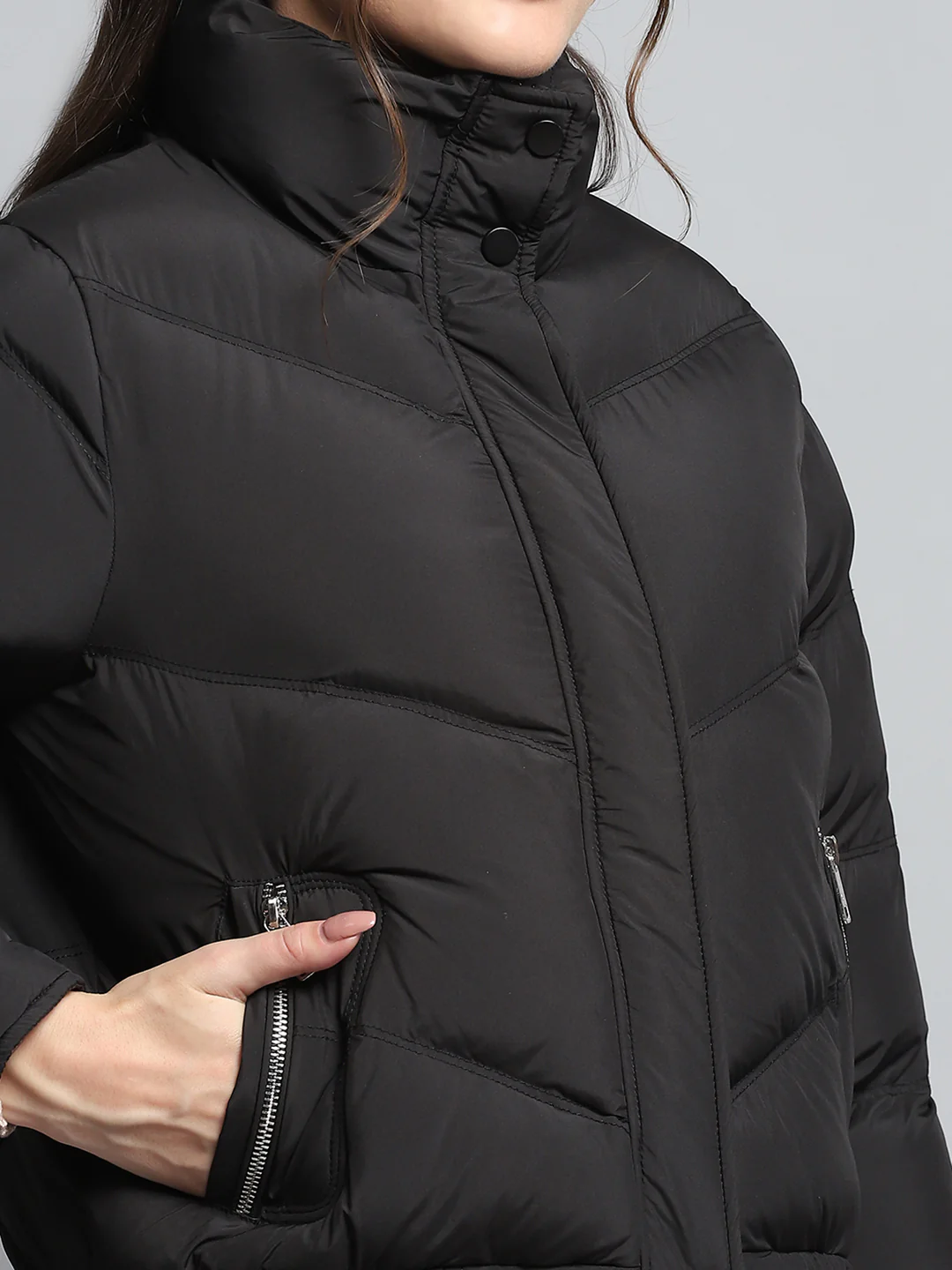 Women Black Solid Mock Neck Full Sleeve Jacket - Image 7