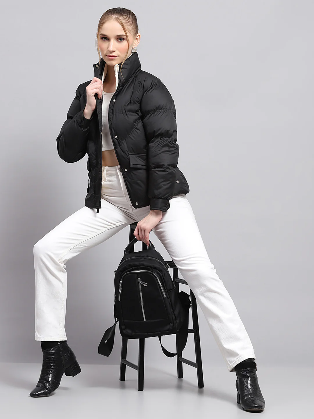Women Black Solid Mock Neck Full Sleeve Jacket - Image 2