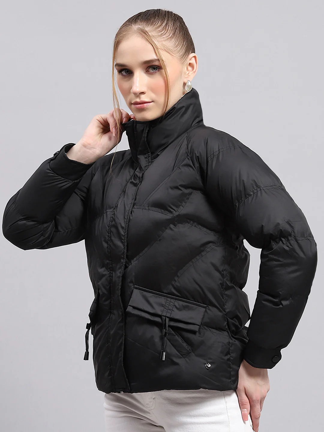Women Black Solid Mock Neck Full Sleeve Jacket - Image 3