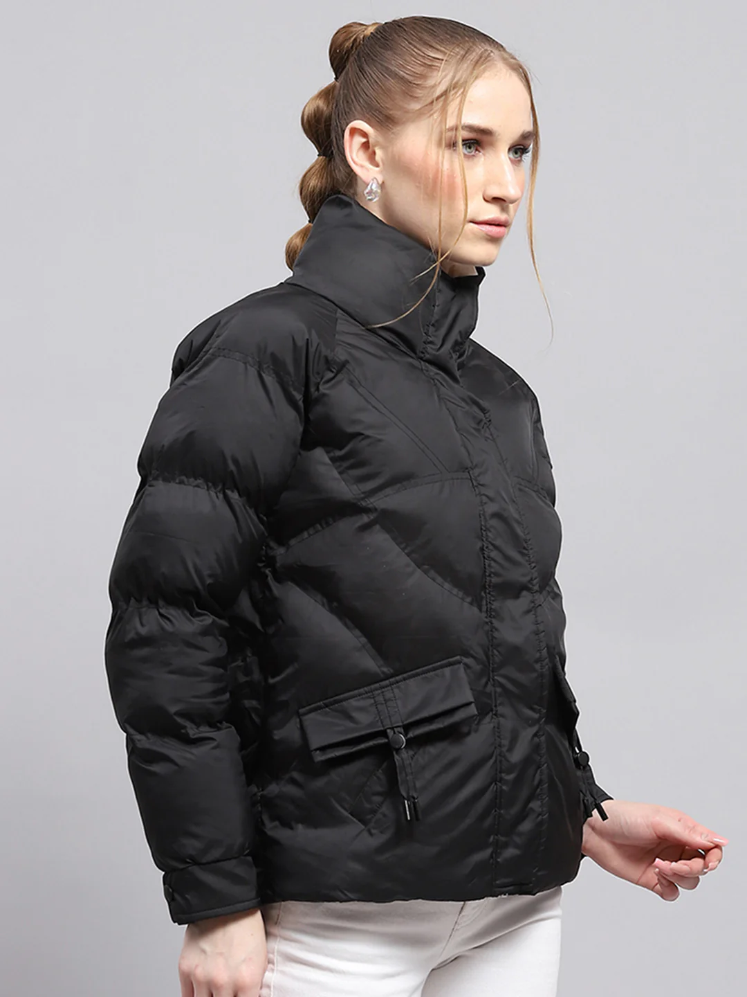 Women Black Solid Mock Neck Full Sleeve Jacket - Image 4