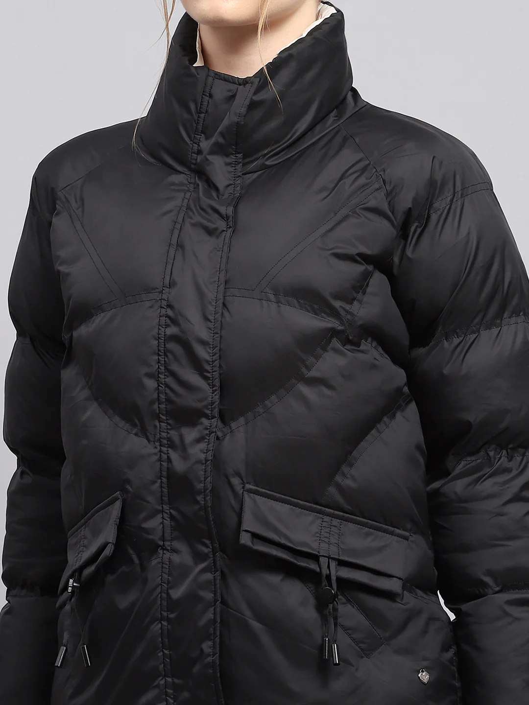 Women Black Solid Mock Neck Full Sleeve Jacket - Image 6