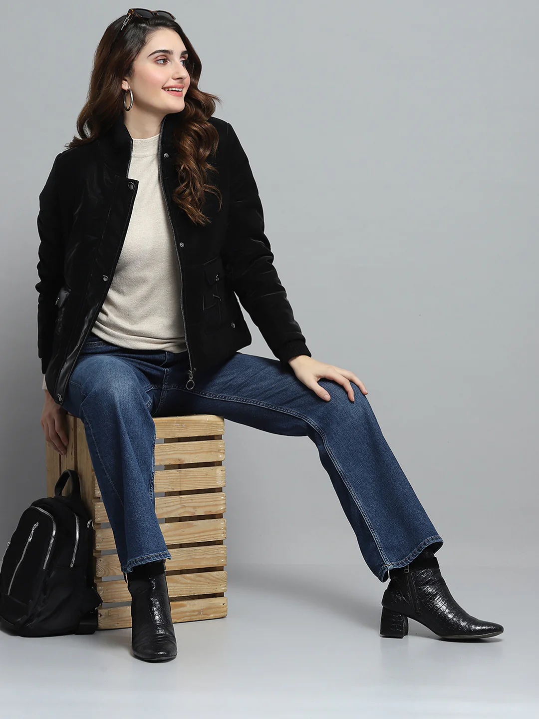 Women Black Solid Mock Neck Full Sleeve Jacket - Image 2
