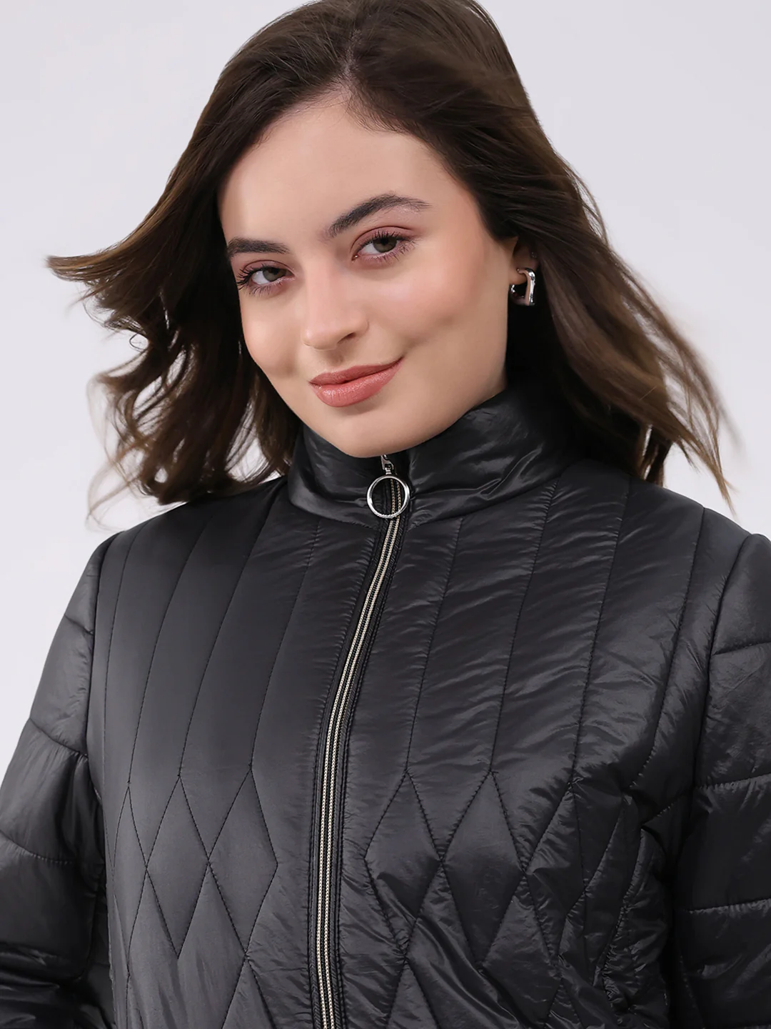 Women Black Solid Mock Neck Full Sleeve Jacket - Image 6