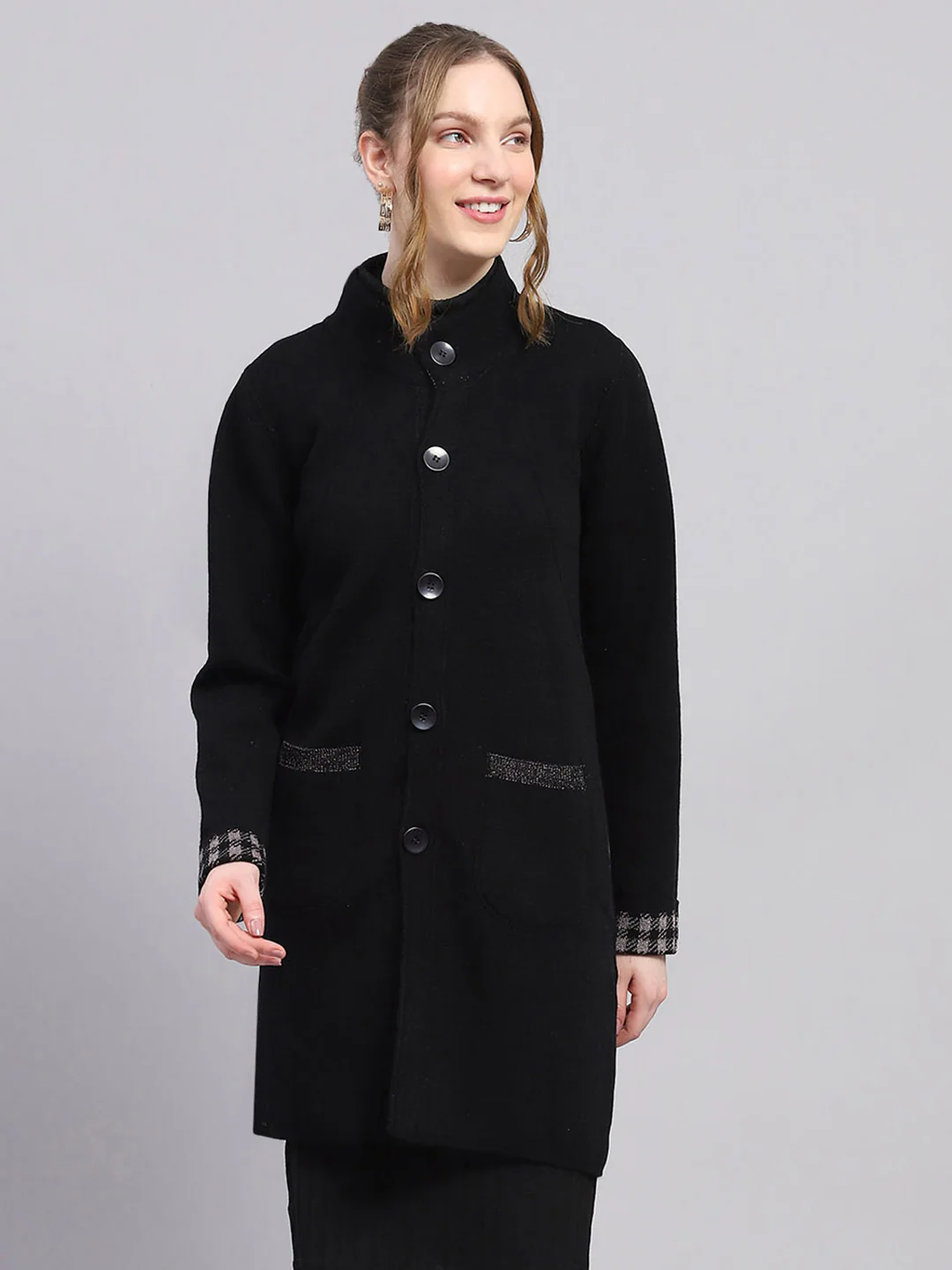 Women Black Solid Mock Neck Full Sleeve Knitted Coat - Image 6