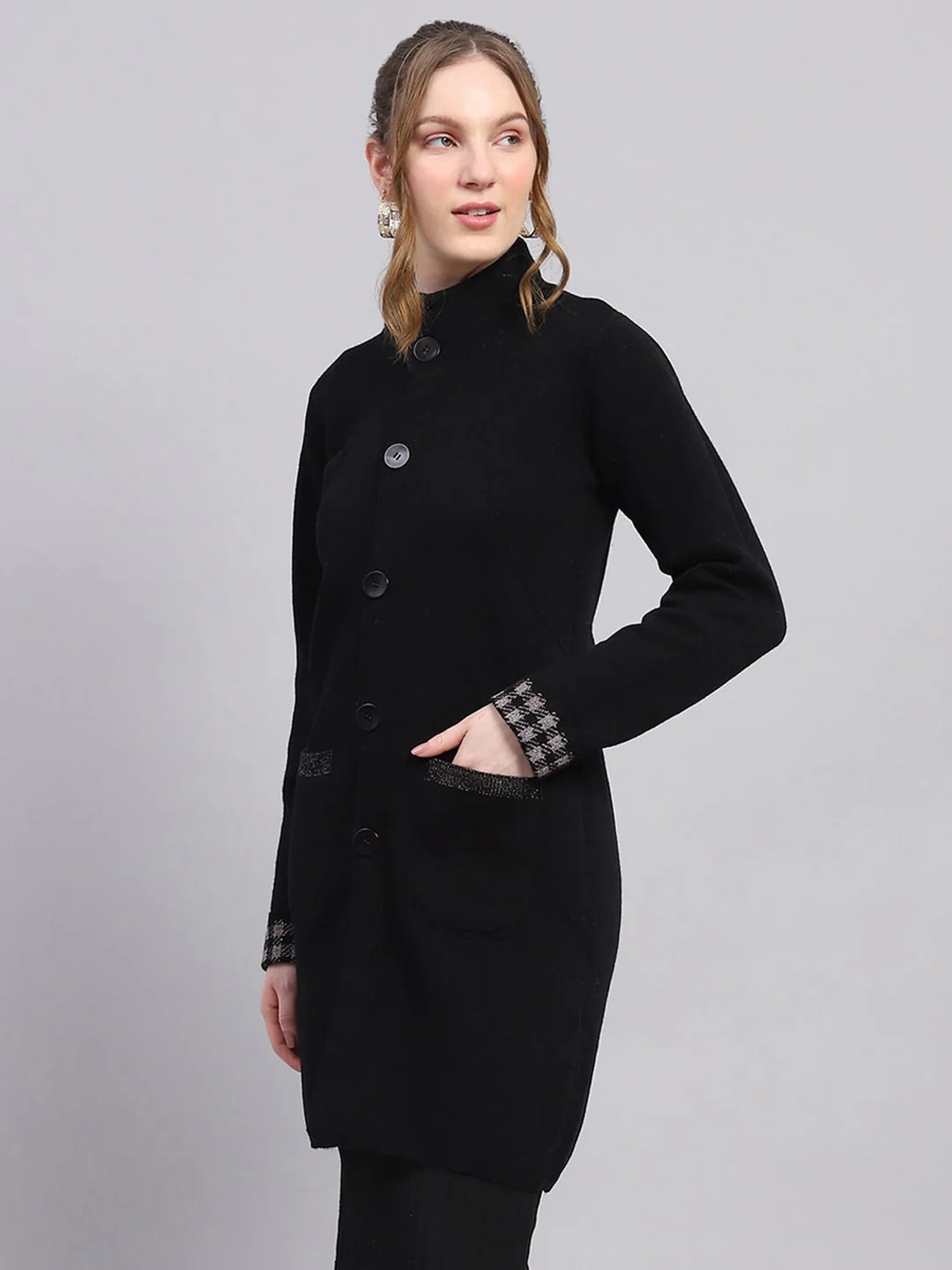 Women Black Solid Mock Neck Full Sleeve Knitted Coat - Image 7