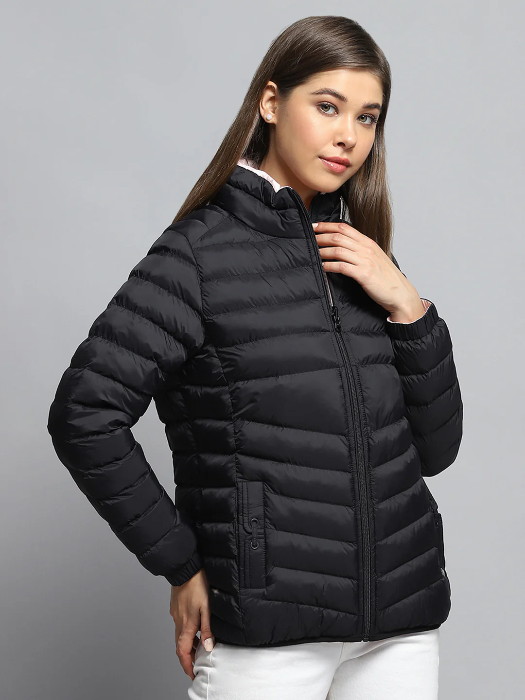 Women Black Solid Mock Neck Full Sleeve Reversible Jacket - Image 4