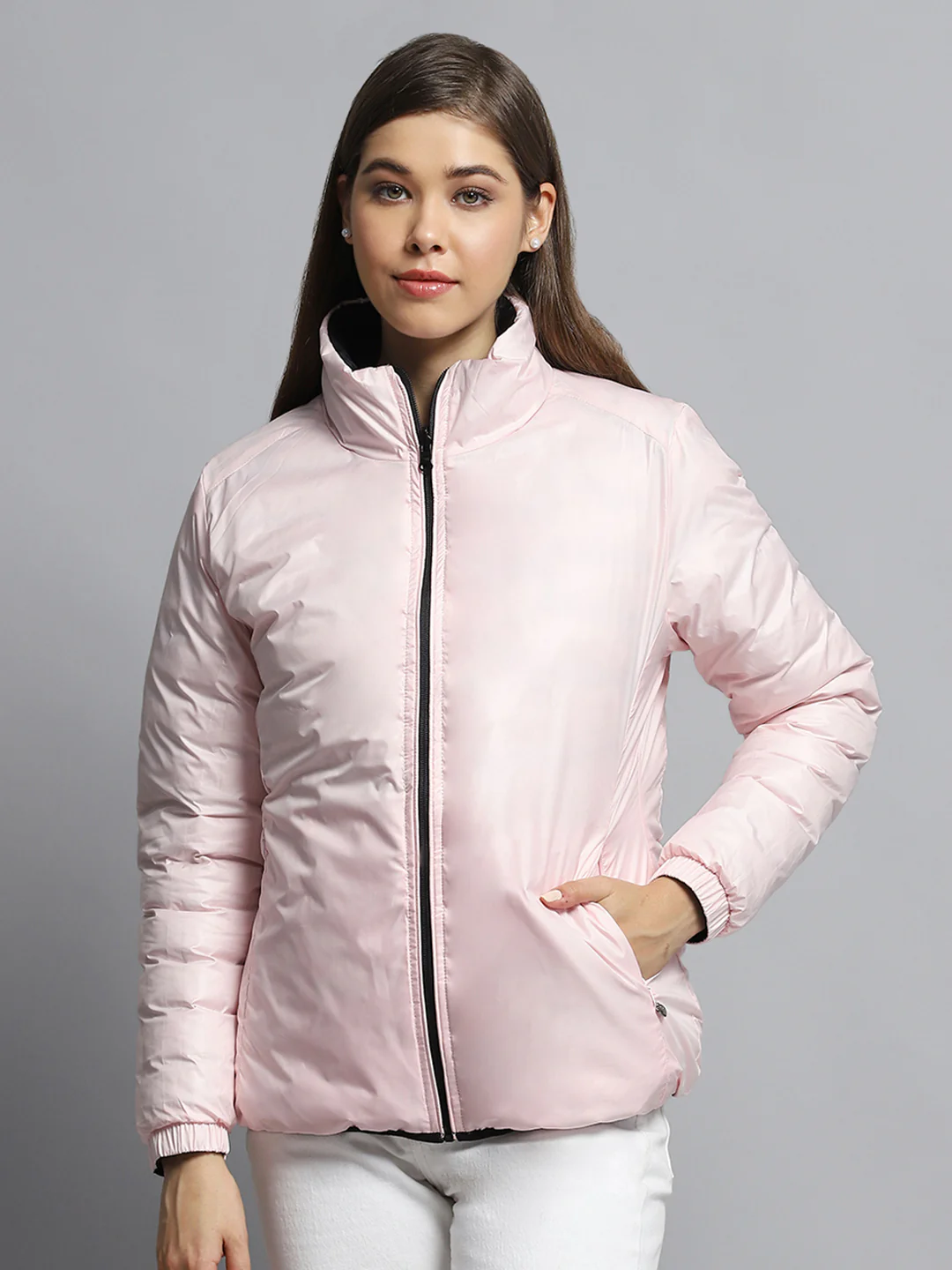 Women Black Solid Mock Neck Full Sleeve Reversible Jacket - Image 6