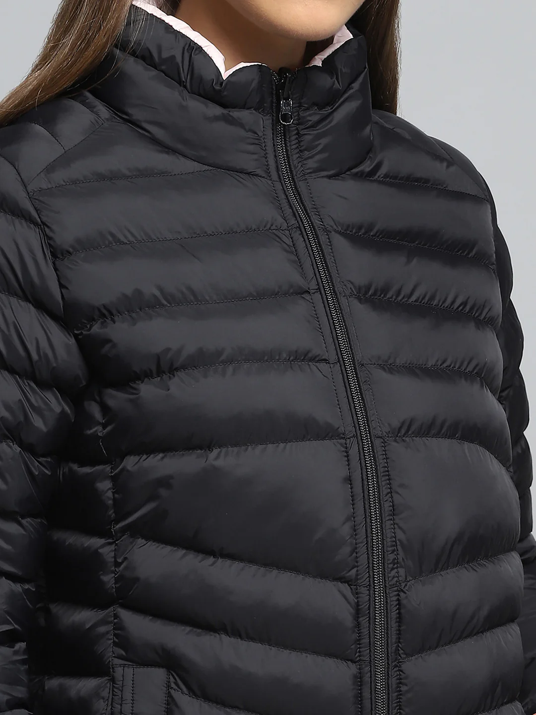 Women Black Solid Mock Neck Full Sleeve Reversible Jacket - Image 9