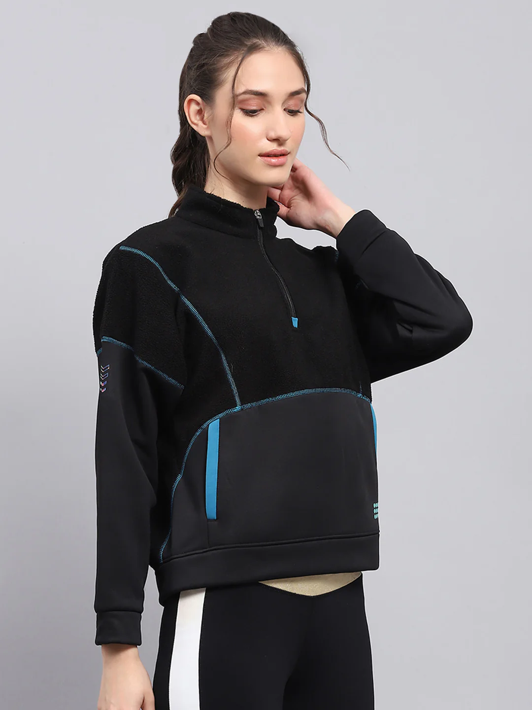 Rock.it Women Black Solid Mock Neck Full Sleeve Sweatshirt - Image 4