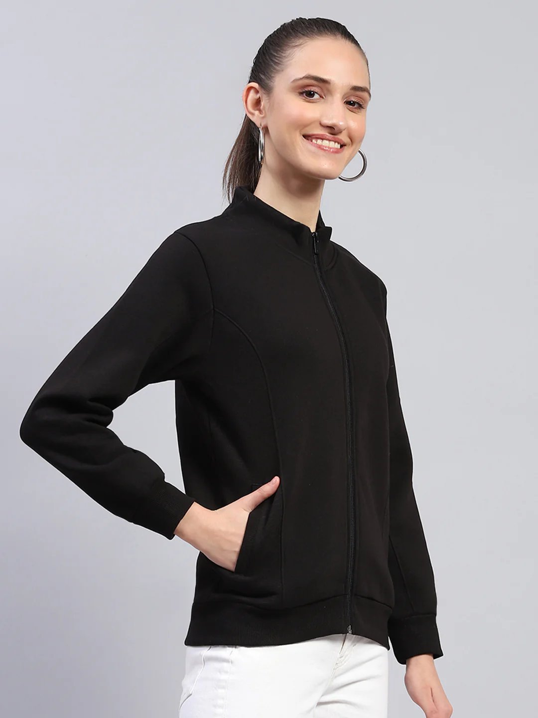 Women Black Solid Mock Neck Full Sleeve Sweatshirt - Image 4