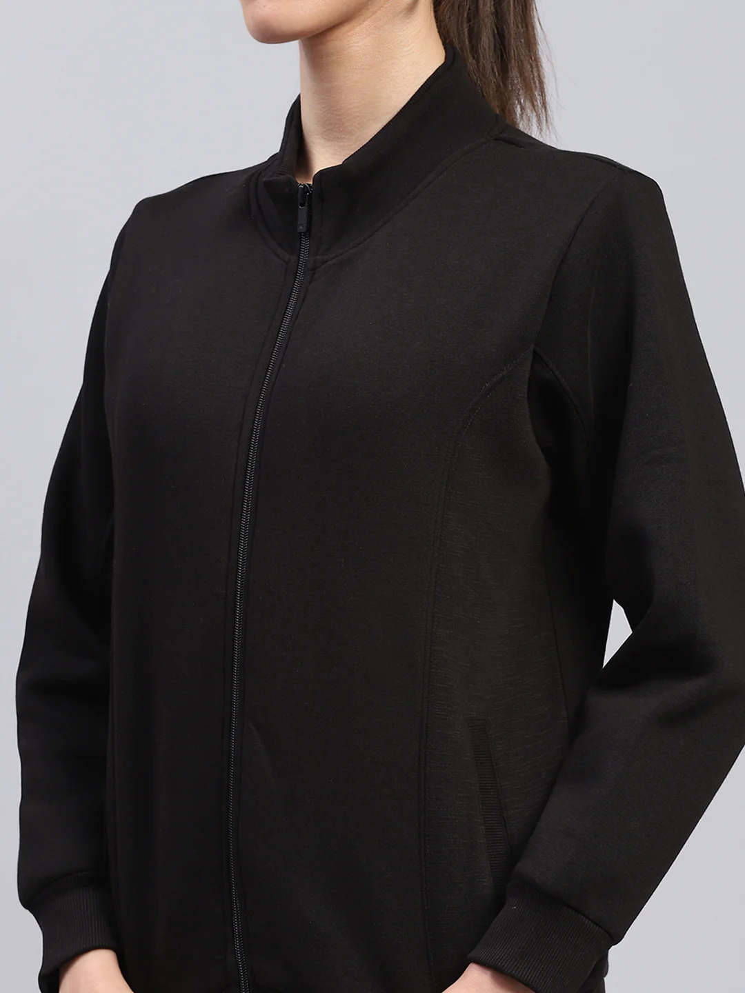 Women Black Solid Mock Neck Full Sleeve Sweatshirt - Image 6