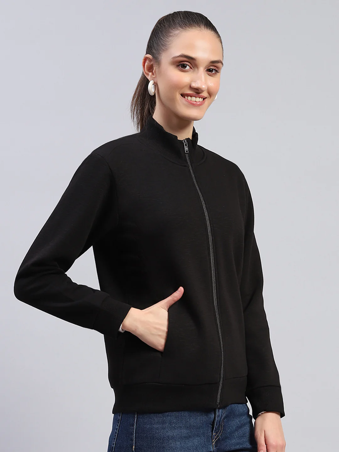 Women Black Solid Mock Neck Full Sleeve Sweatshirt - Image 4