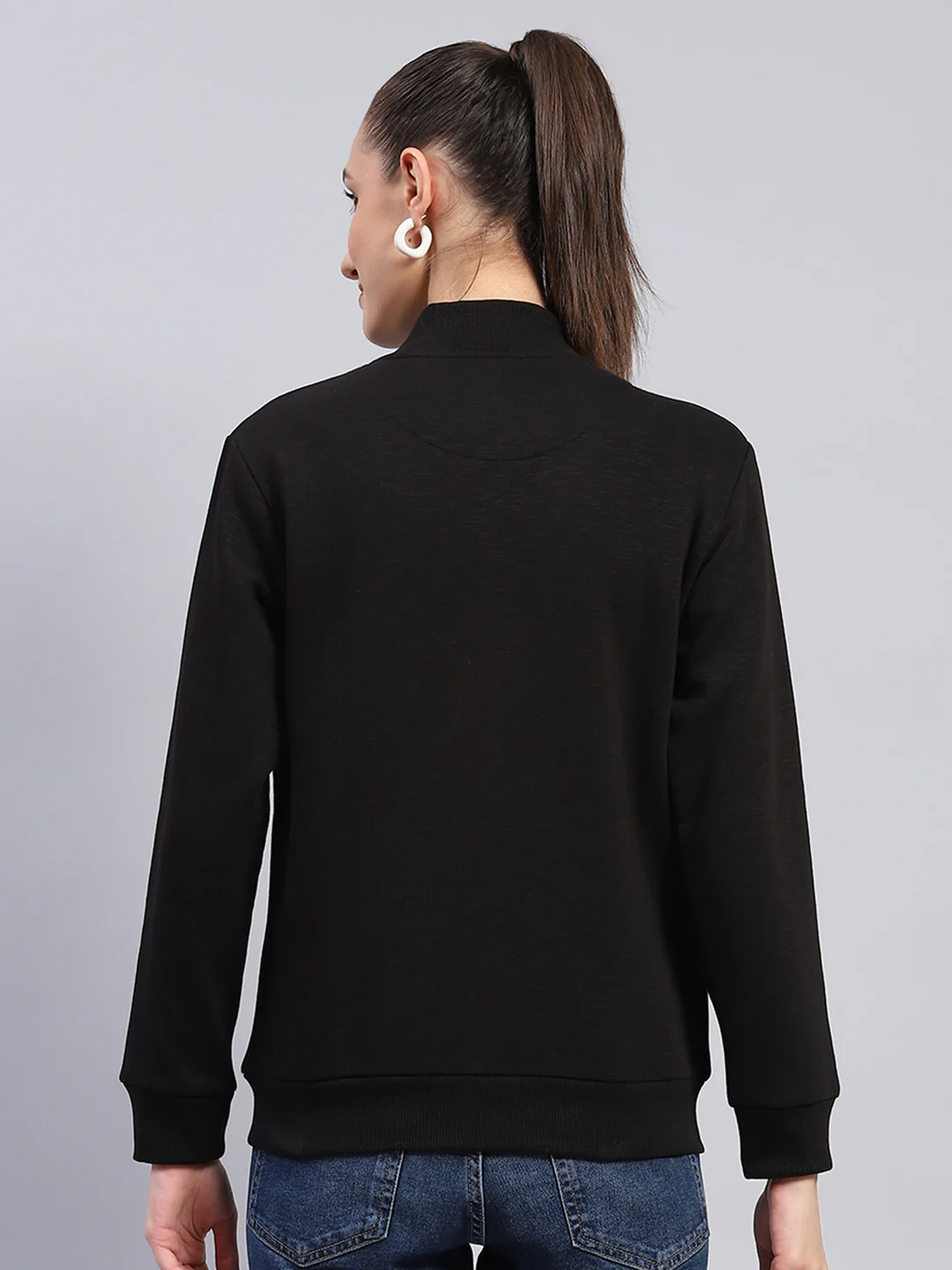 Women Black Solid Mock Neck Full Sleeve Sweatshirt - Image 5