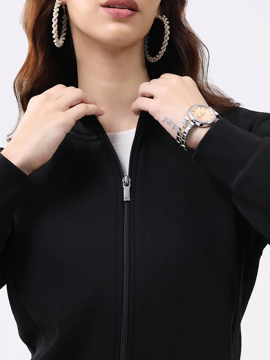 Women Black Solid Mock Neck Full Sleeve Sweatshirt - Image 6