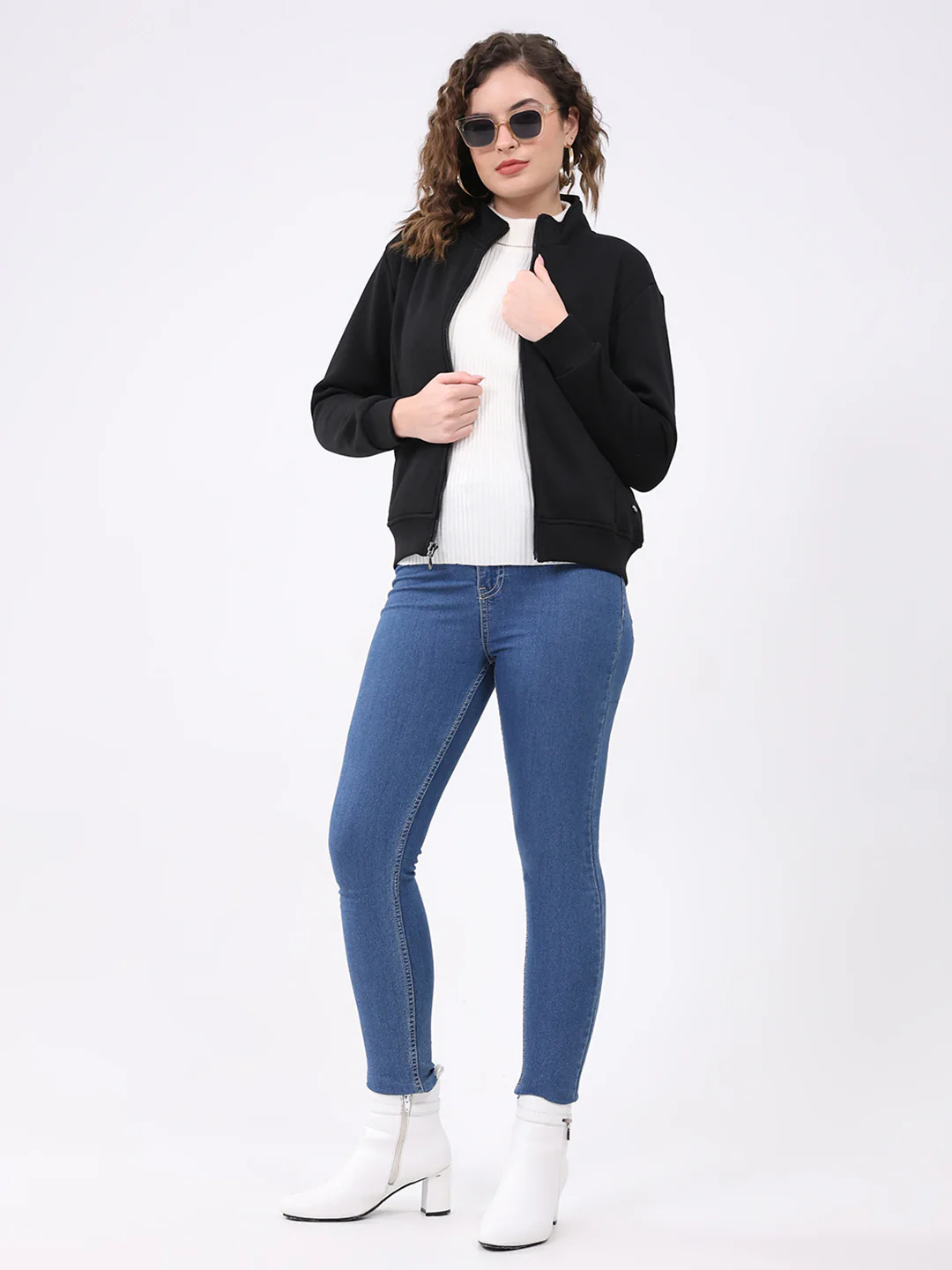 Women Black Solid Mock Neck Full Sleeve Sweatshirt - Image 2