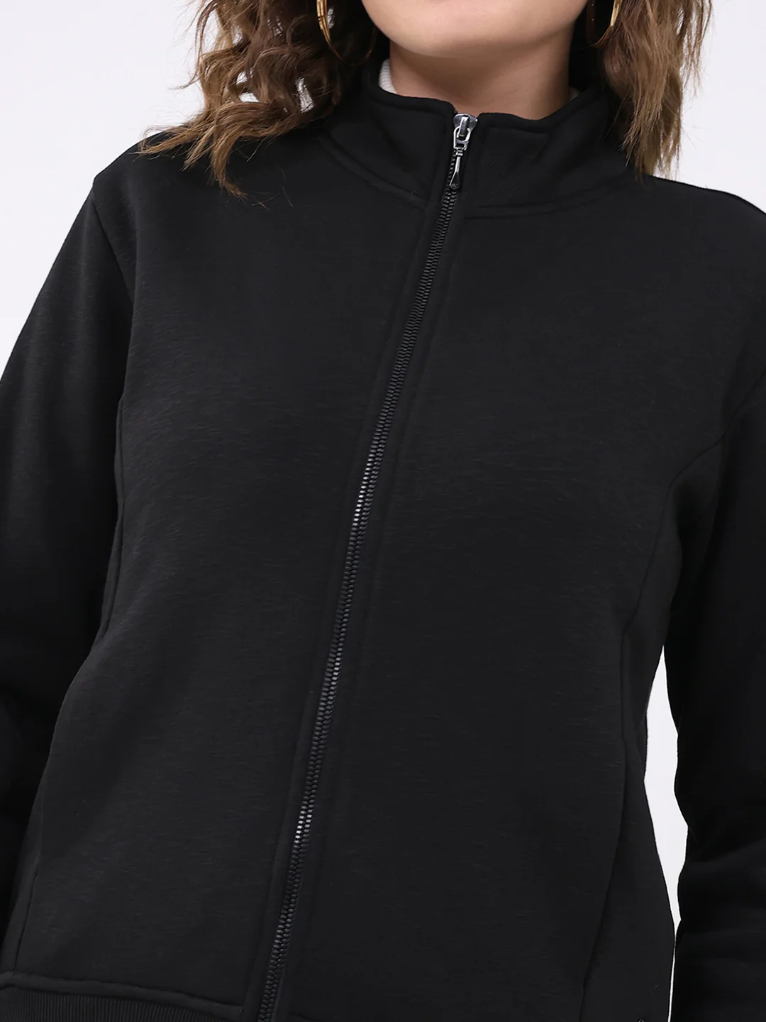 Women Black Solid Mock Neck Full Sleeve Sweatshirt - Image 6