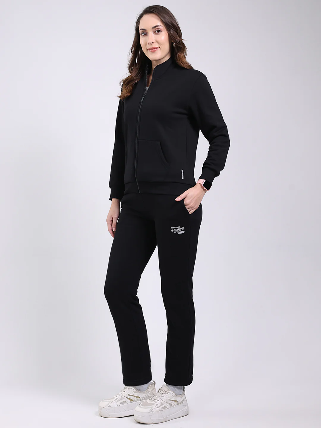 Women Black Solid Mock Neck Full Sleeve Winter Tracksuit - Image 3