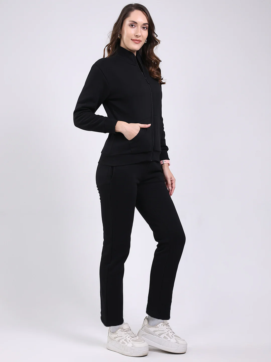 Women Black Solid Mock Neck Full Sleeve Winter Tracksuit - Image 4