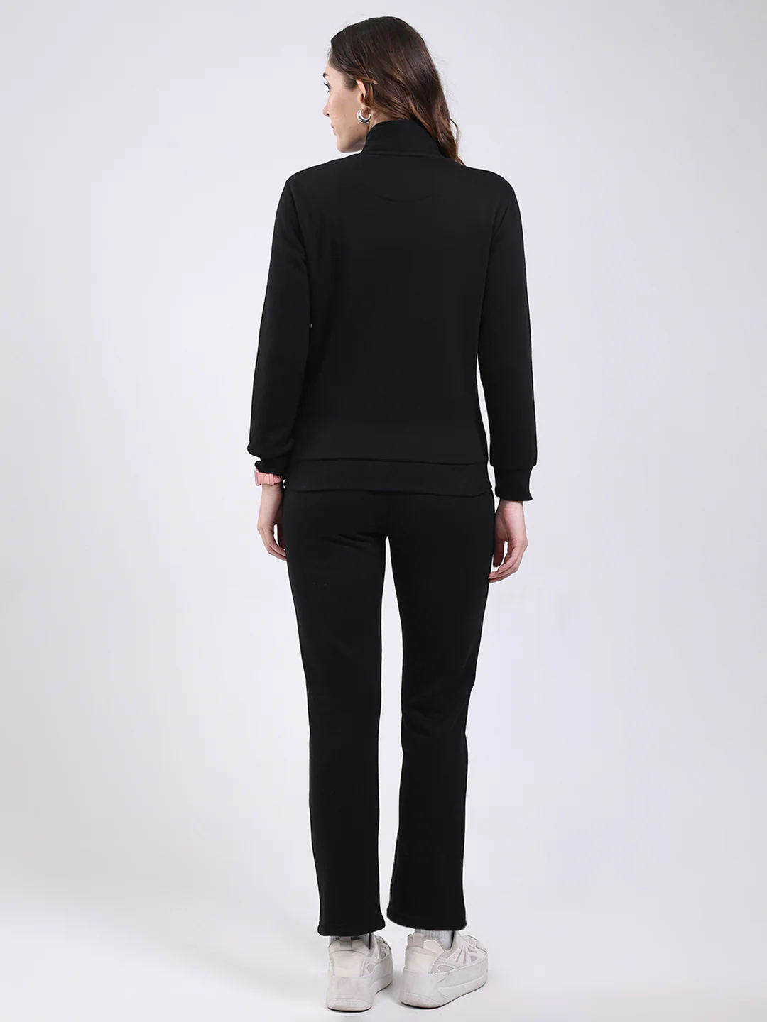 Women Black Solid Mock Neck Full Sleeve Winter Tracksuit - Image 5