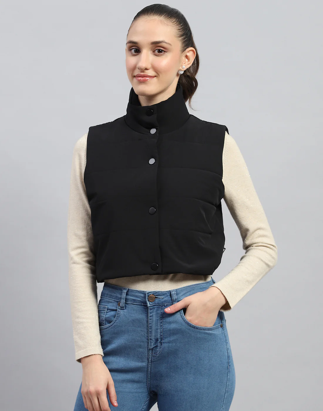 Rock.it Women Black Solid Mock Neck Sleeveless Jacket - Image 2