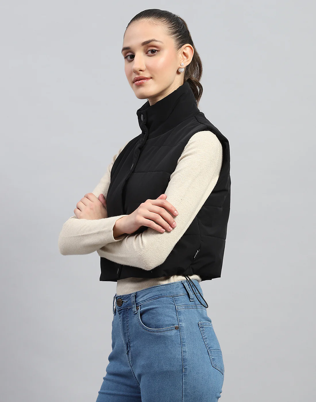 Rock.it Women Black Solid Mock Neck Sleeveless Jacket - Image 3