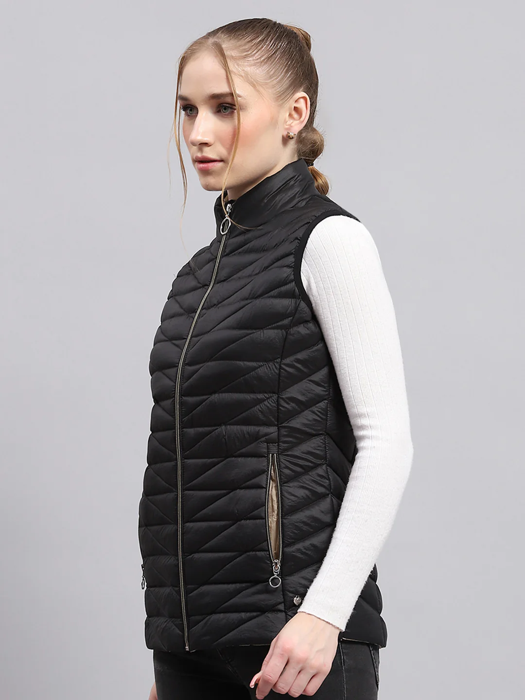 Women Black Solid Mock Neck Sleeveless Jacket - Image 3