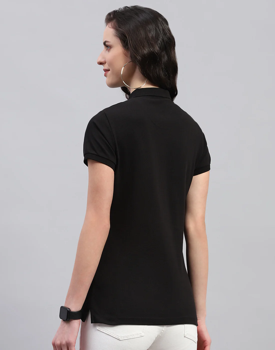 Women Black Solid Polo Collar Half Sleeve T Shirt - Image 5
