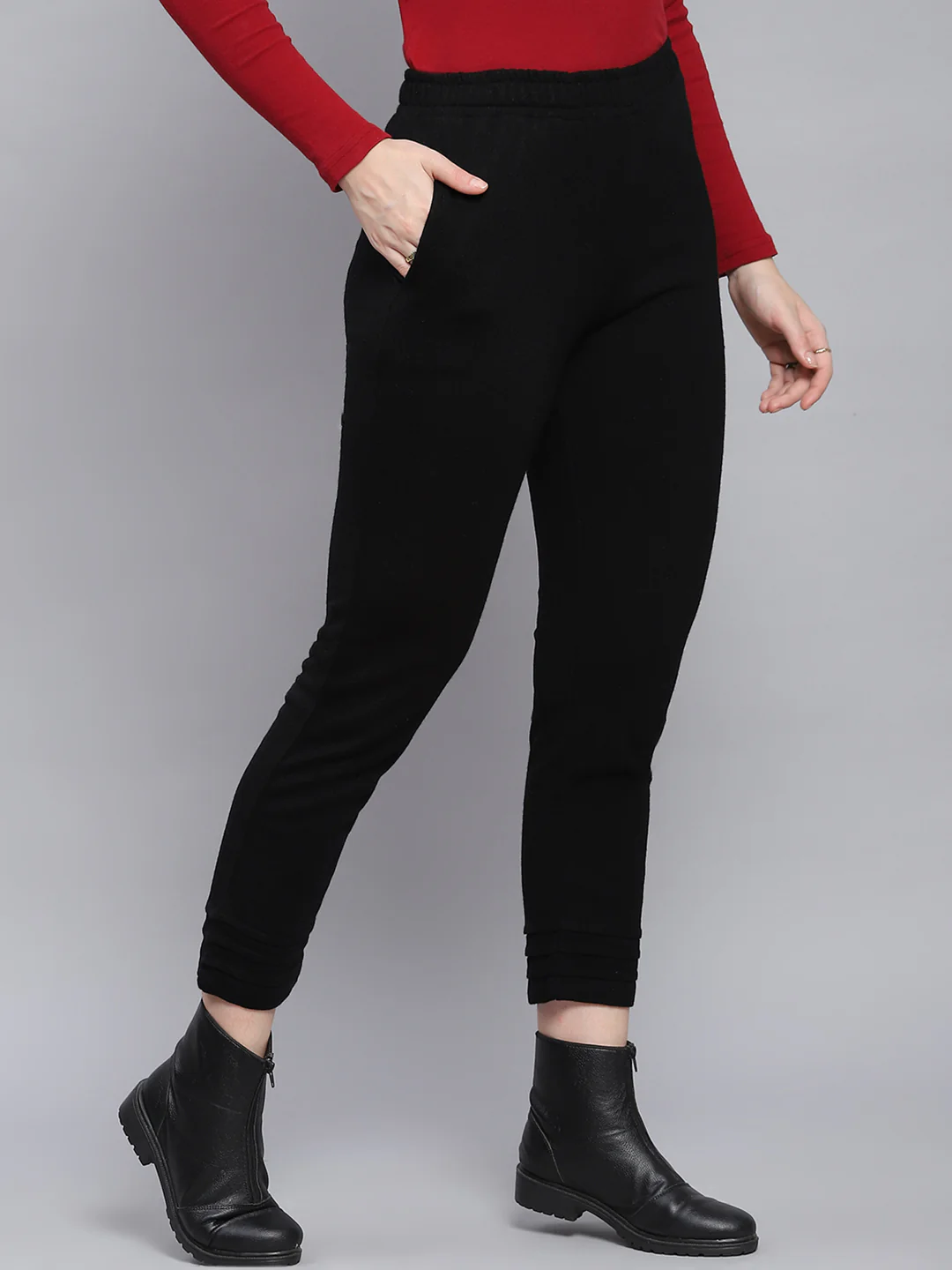 Women Black Solid Regular Fit Winter Lowers - Image 4