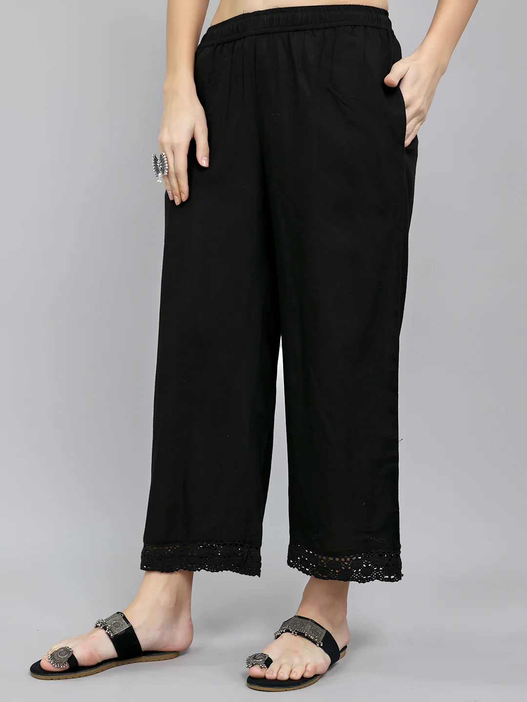 Women Black Solid Regular Fit Palazzo - Image 2