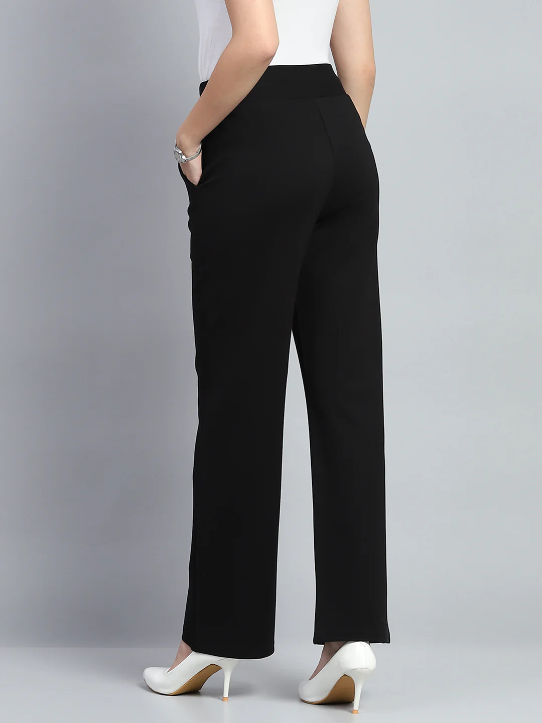 Women Black Solid Regular Fit Trouser - Image 5