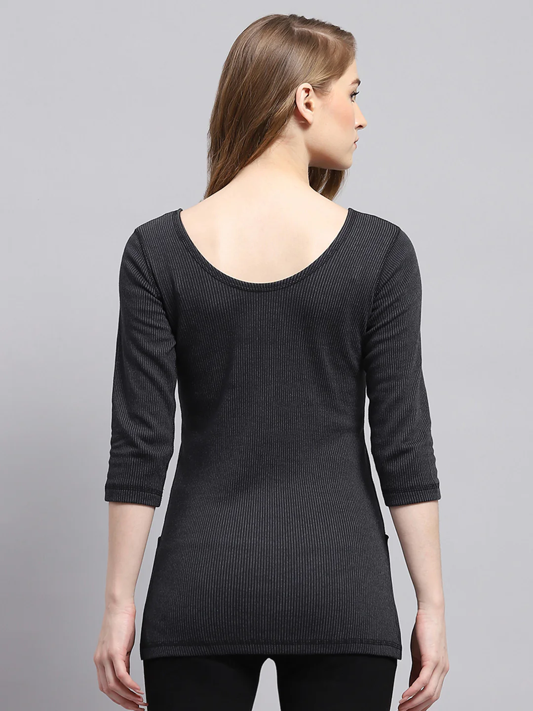 Women Black Solid Round Neck 3/4th Sleeve Thermal Vest - Image 5