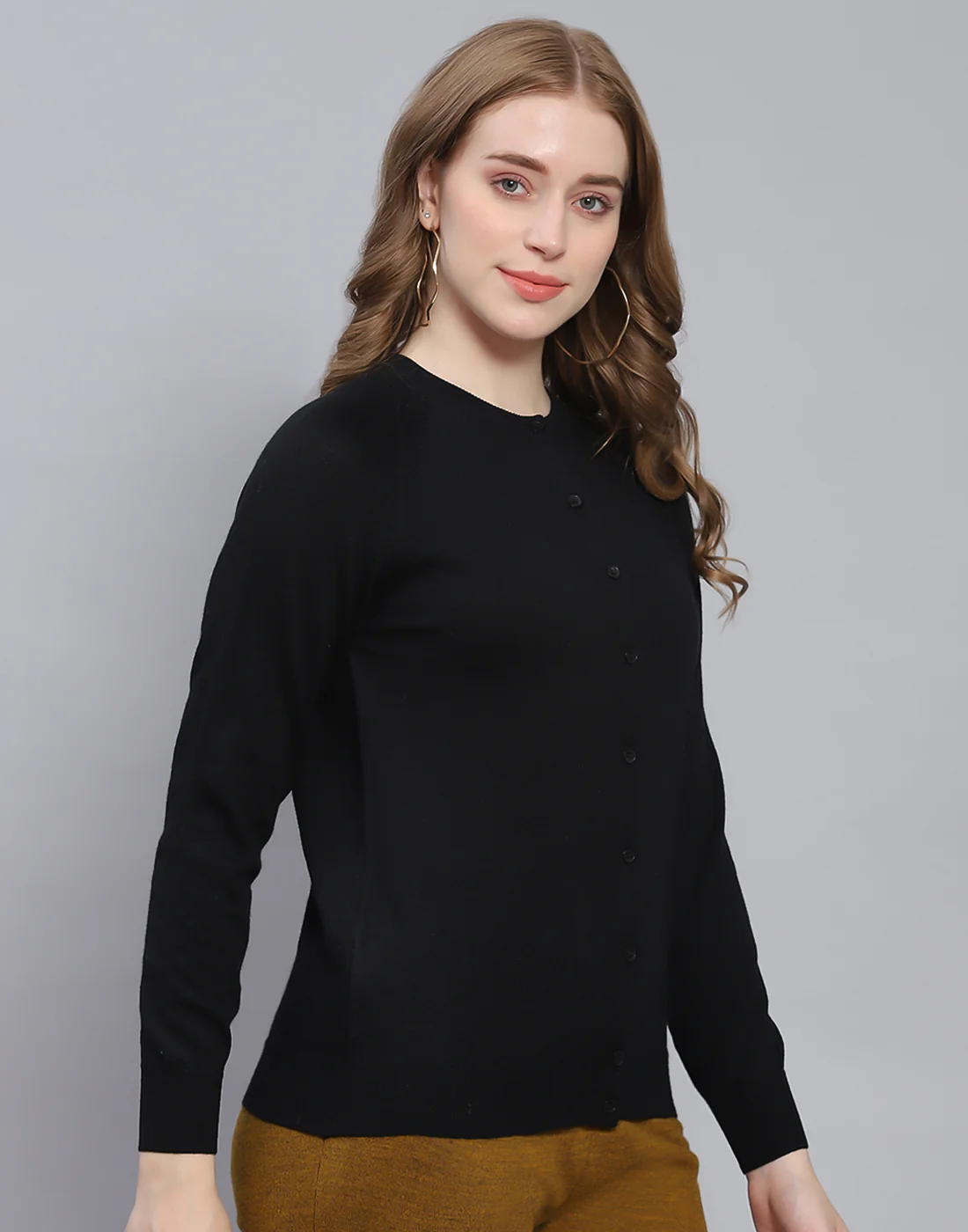 Women Black Solid Round Neck Full Sleeve Cardigan - Image 4
